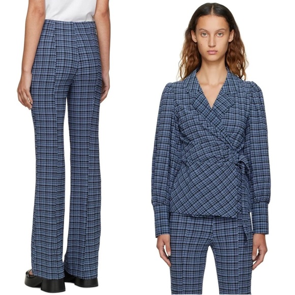 GANNI Plaid Check Stretch Seersucker High Rise Bootcut Flare Leg Pants 4 - Picture 8 of 10